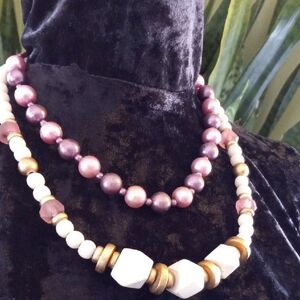 Elegant Pink Faux Pearl & White Beaded Necklace Set